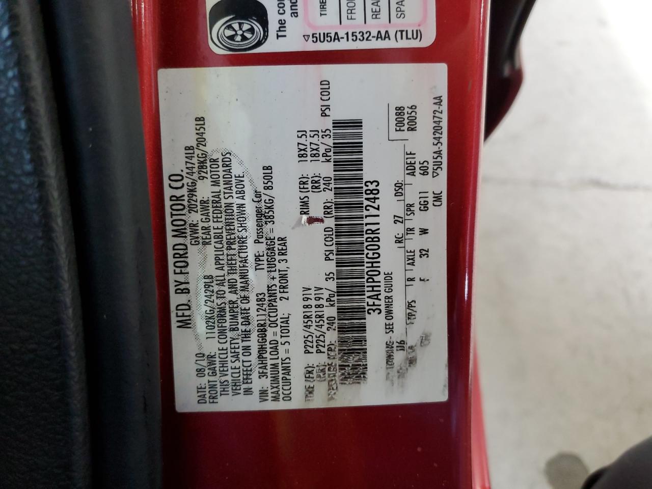 2011 Ford Fusion Se VIN: 3FAHP0HG0BR112483 Lot: 85493005