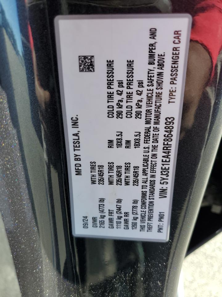 2024 Tesla Model 3 VIN: 5YJ3E1EA4RF864893 Lot: 87249835