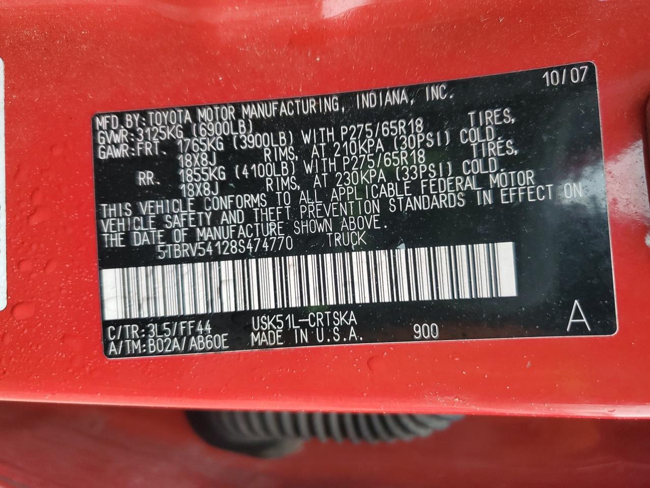 2008 Toyota Tundra Double Cab VIN: 5TBRV54128S474770 Lot: 90689155