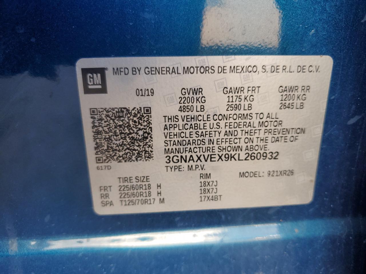 2019 Chevrolet Equinox Lt VIN: 3GNAXVEX9KL260932 Lot: 83863375