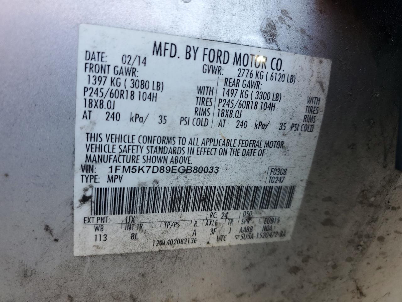 2014 Ford Explorer Xlt VIN: 1FM5K7D89EGB80033 Lot: 89521675