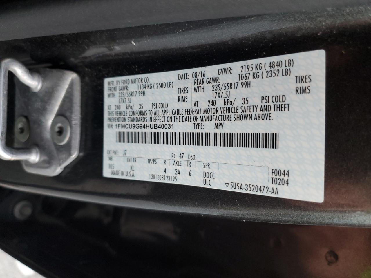 2017 Ford Escape Se VIN: 1FMCU9G94HUB40031 Lot: 87400975