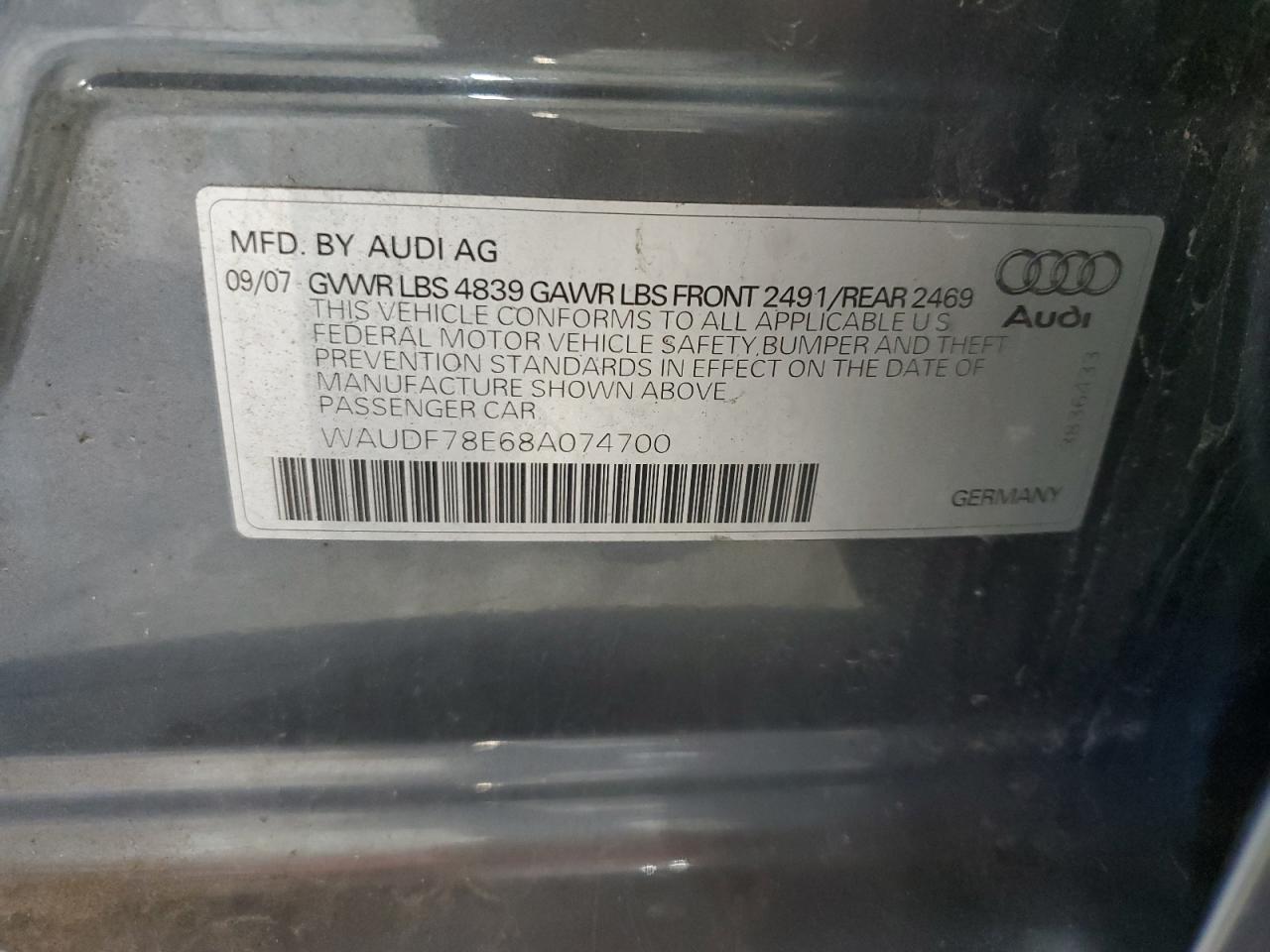 2008 Audi A4 2.0T Quattro VIN: WAUDF78E68A074700 Lot: 85548915