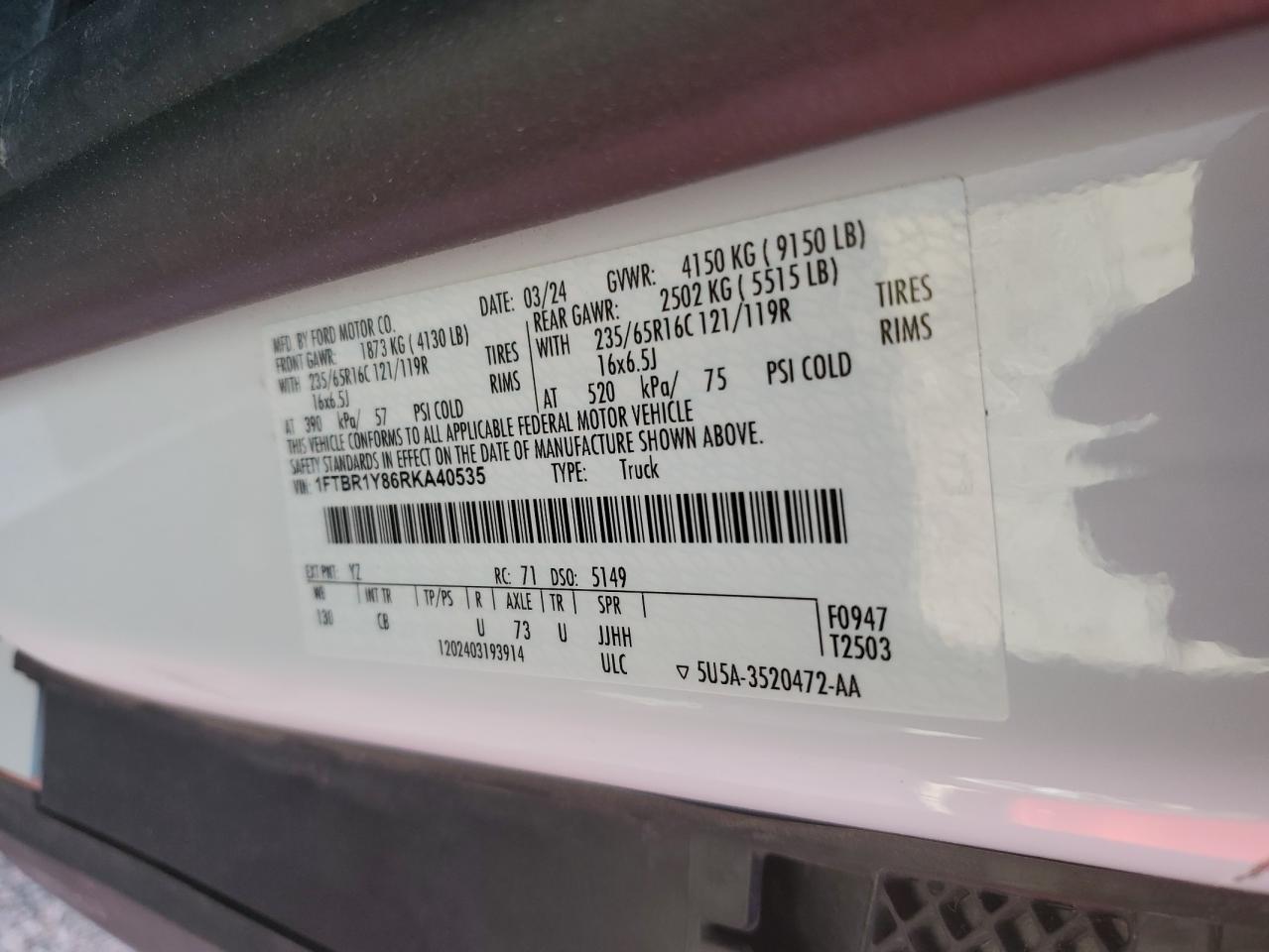 2024 Ford Transit T-250 VIN: 1FTBR1Y86RKA40535 Lot: 84649155