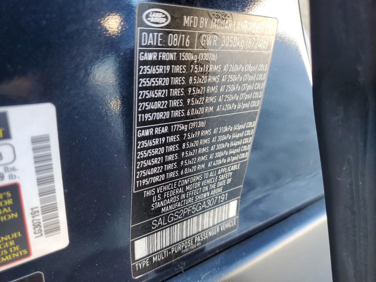 2016 Land Rover Range Rover Hse VIN: SALGS2PF5GA307191 Lot: 85819085