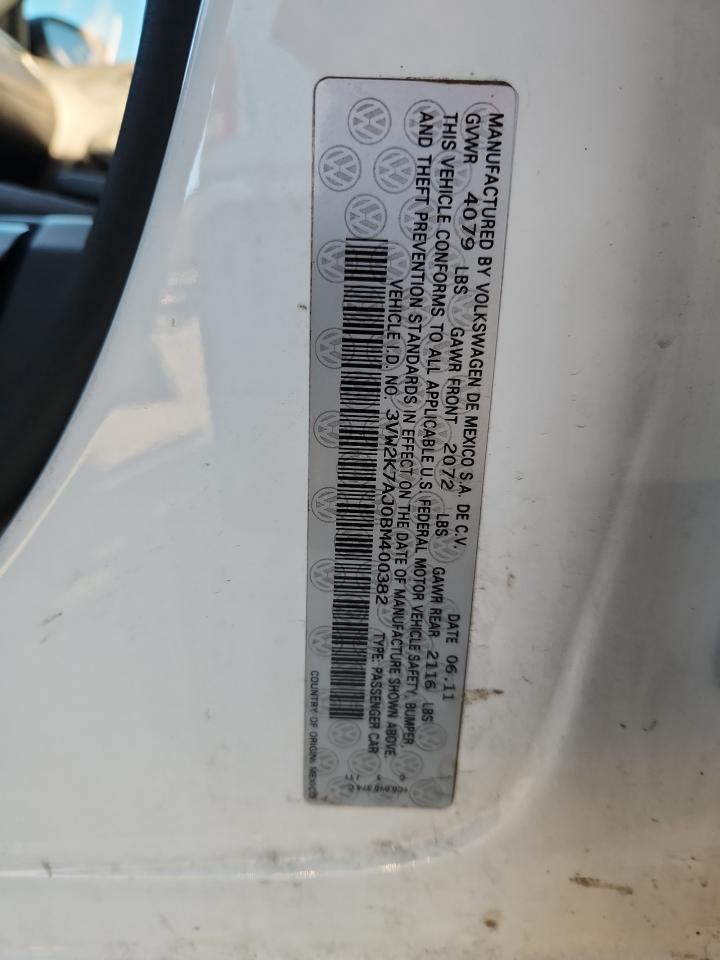 2011 Volkswagen Jetta Base VIN: 3VW2K7AJ0BM400382 Lot: 84521505