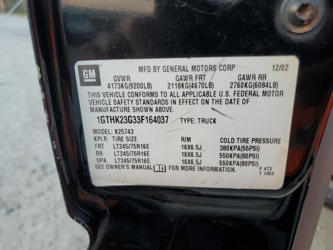 2003 GMC Sierra K2500 Heavy Duty VIN: 1GTHK23G33F164037 Lot: 85520295