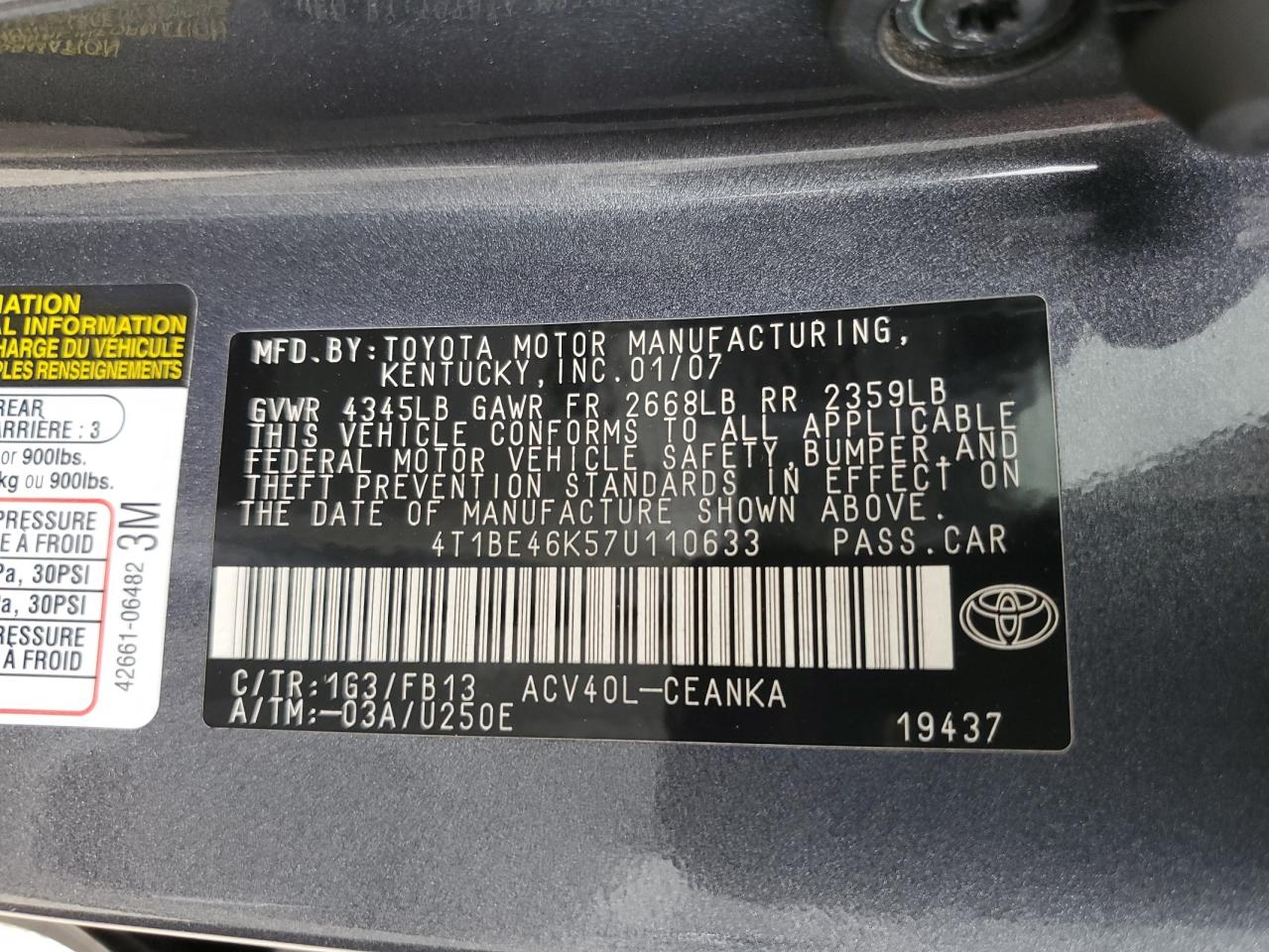 2007 Toyota Camry Ce VIN: 4T1BE46K57U110633 Lot: 85871595