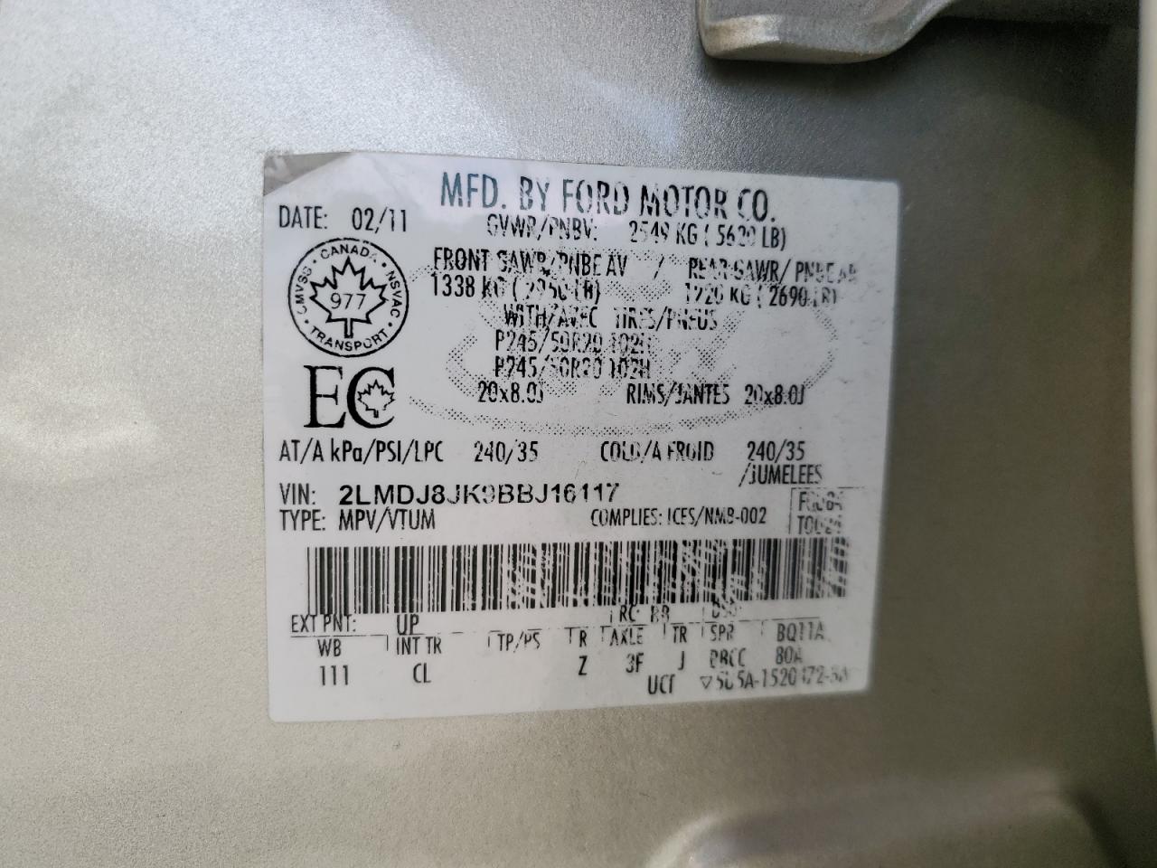 2011 Lincoln Mkx VIN: 2LMDJ8JK9BBJ16117 Lot: 86784865