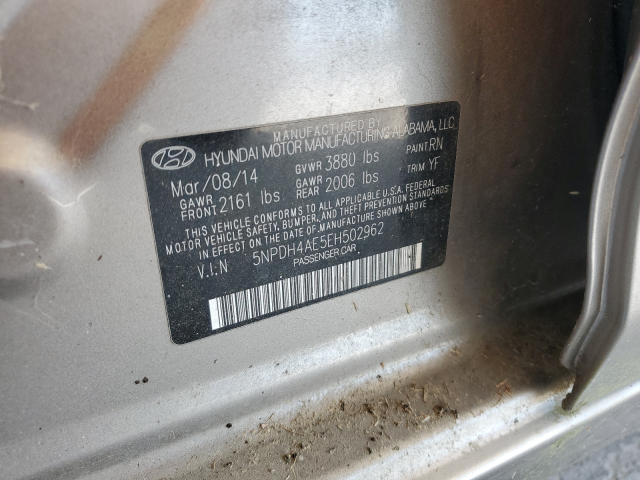 2014 Hyundai Elantra Se VIN: 5NPDH4AE5EH502962 Lot: 86058525