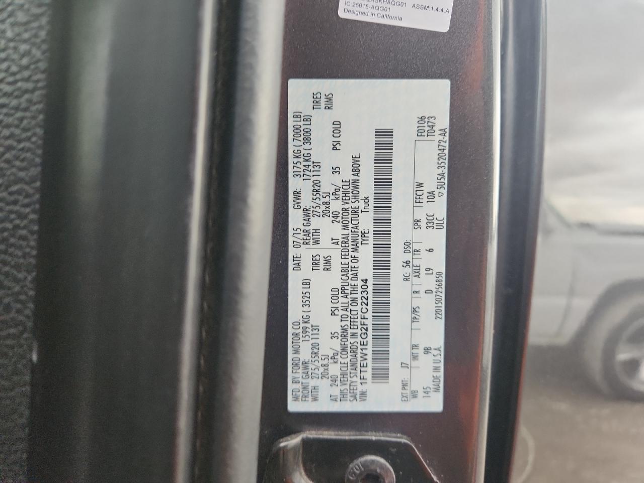 2015 Ford F150 Supercrew VIN: 1FTEW1EG2FFC22304 Lot: 82403305