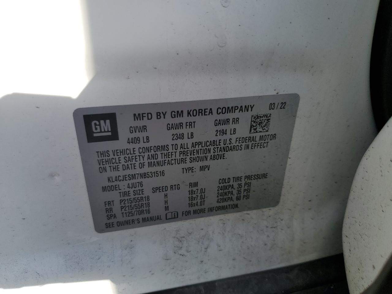 2022 Buick Encore Preferred VIN: KL4CJESM7NB531516 Lot: 82392155