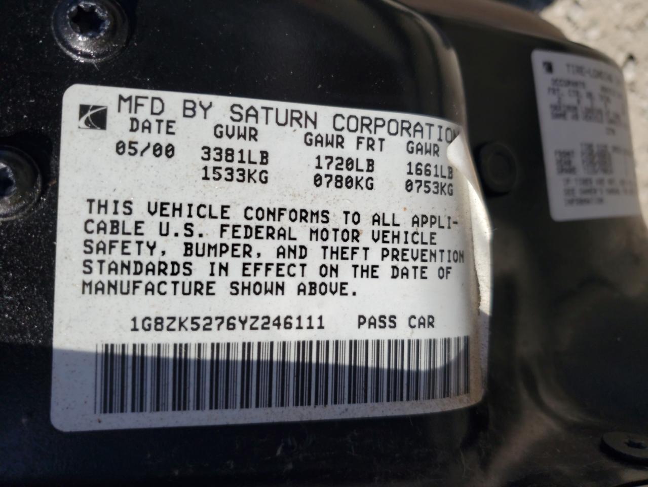 2000 Saturn Sl2 VIN: 1G8ZK5276YZ246111 Lot: 86897185