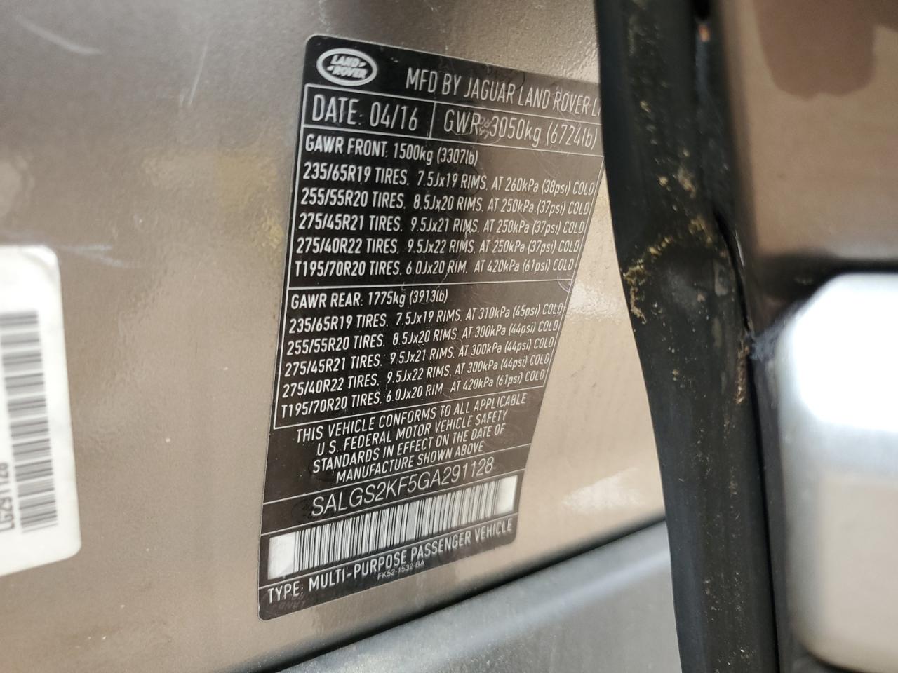 2016 Land Rover Range Rover Hse VIN: SALGS2KF5GA291128 Lot: 86109125