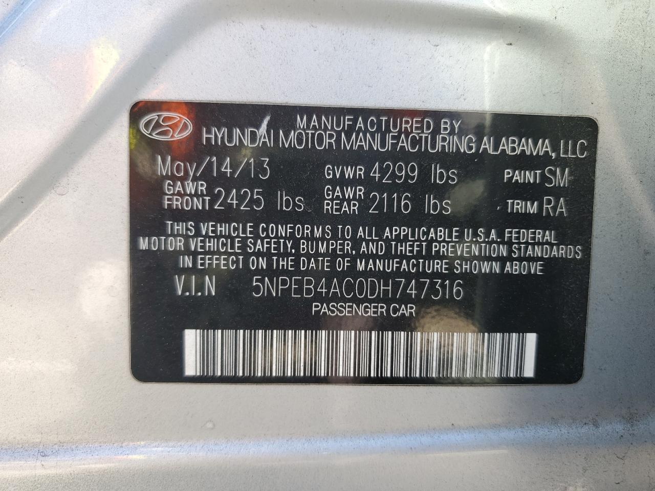 2013 Hyundai Sonata Gls VIN: 5NPEB4AC0DH747316 Lot: 86707715
