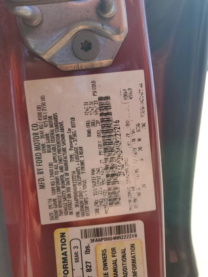 2017 Ford Fusion Se VIN: 3FA6P0HD4HR222216 Lot: 82396455