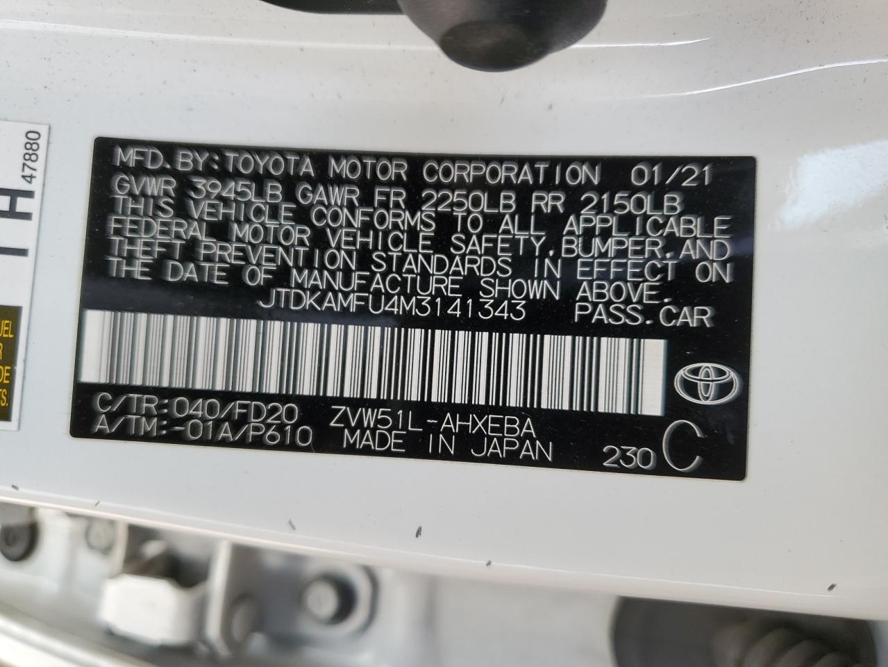 2021 Toyota Prius Special Edition VIN: JTDKAMFU4M3141343 Lot: 91052265