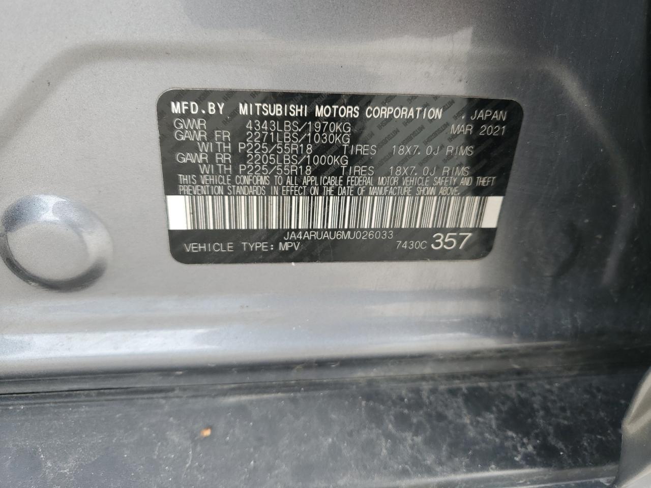 2021 Mitsubishi Outlander Sport Es VIN: JA4ARUAU6MU026033 Lot: 86476415