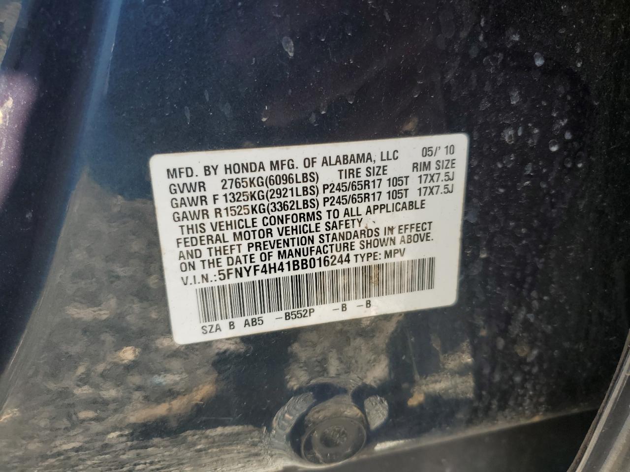 2011 Honda Pilot Ex VIN: 5FNYF4H41BB016244 Lot: 82119245