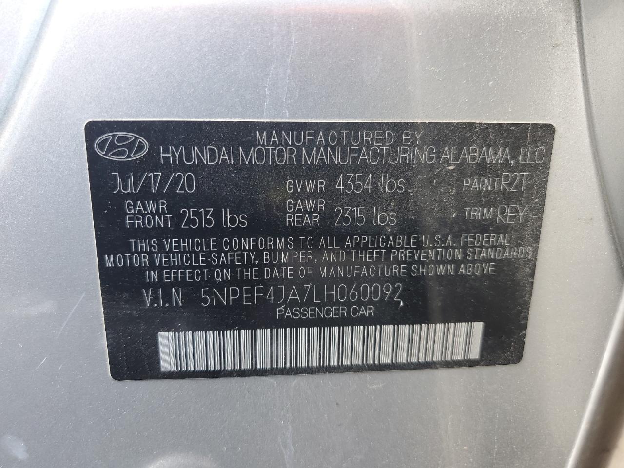 2020 Hyundai Sonata Sel VIN: 5NPEF4JA7LH060092 Lot: 82228615