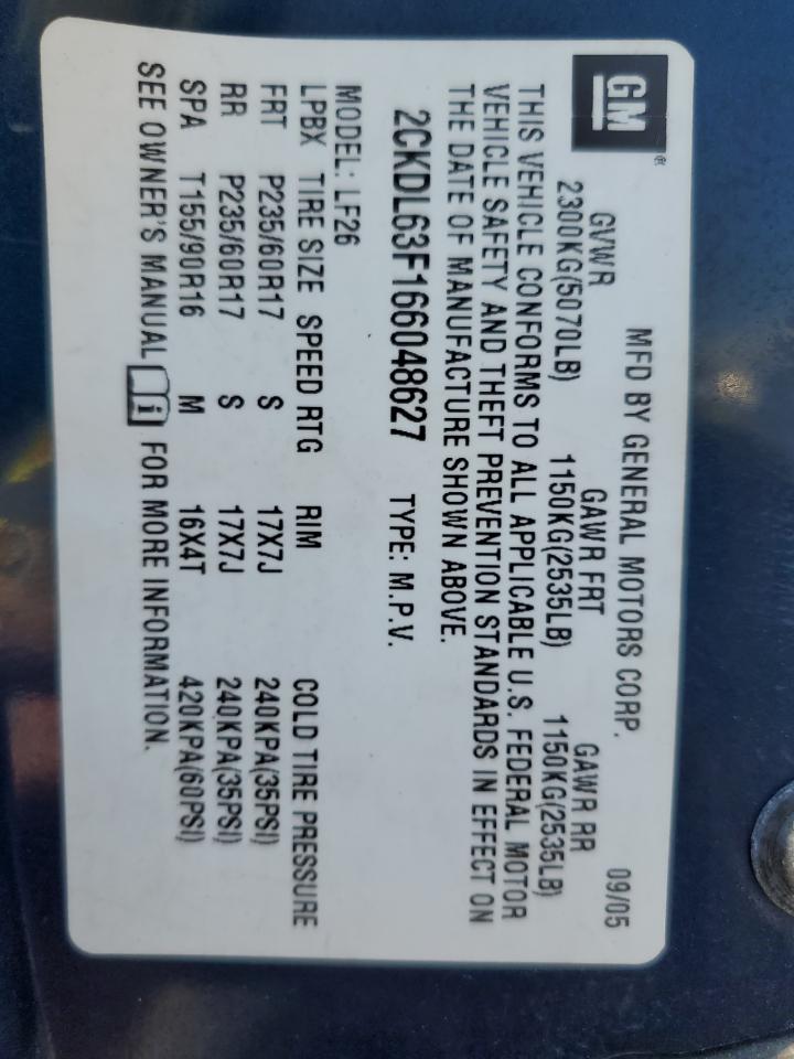 2006 Pontiac Torrent VIN: 2CKDL63F166048627 Lot: 85170885