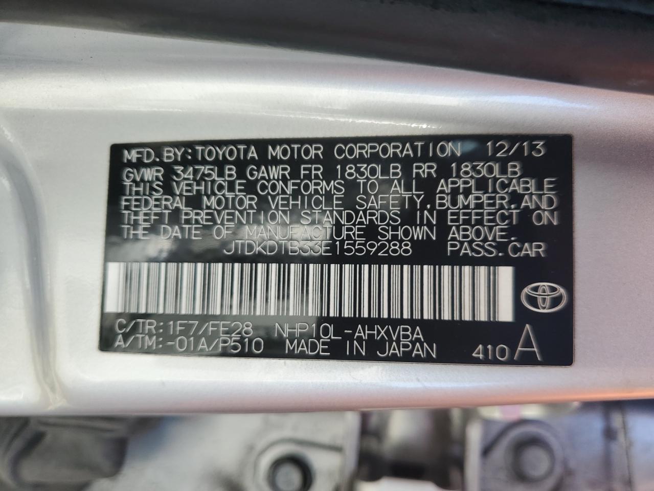 2014 Toyota Prius C VIN: JTDKDTB33E1559288 Lot: 82450395