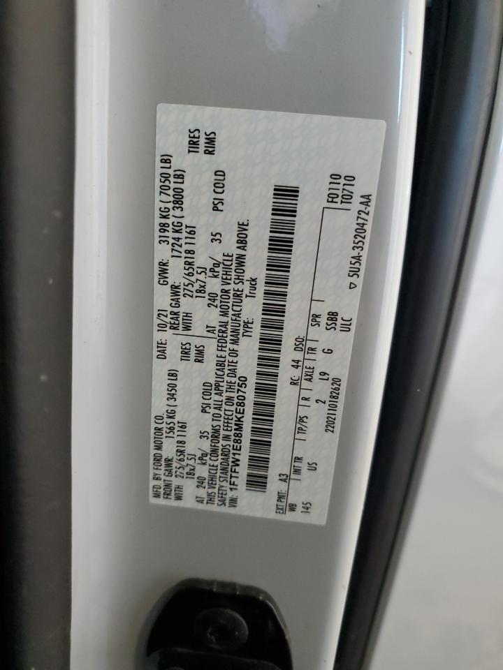 2021 Ford F150 Supercrew VIN: 1FTFW1E88MKE80750 Lot: 85766995