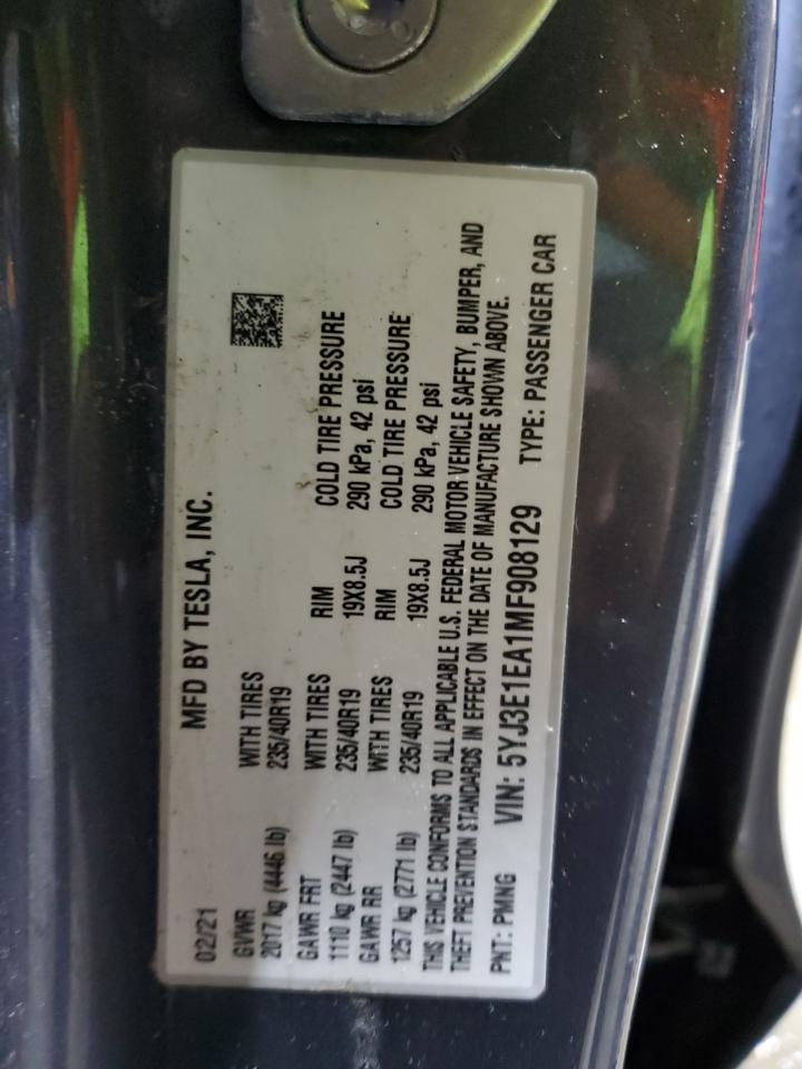 2021 Tesla Model 3 VIN: 5YJ3E1EA1MF908129 Lot: 86215475