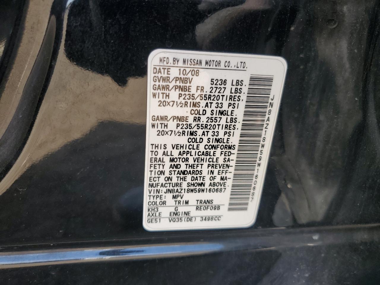 2009 Nissan Murano S VIN: JN8AZ18W59W160687 Lot: 82212705