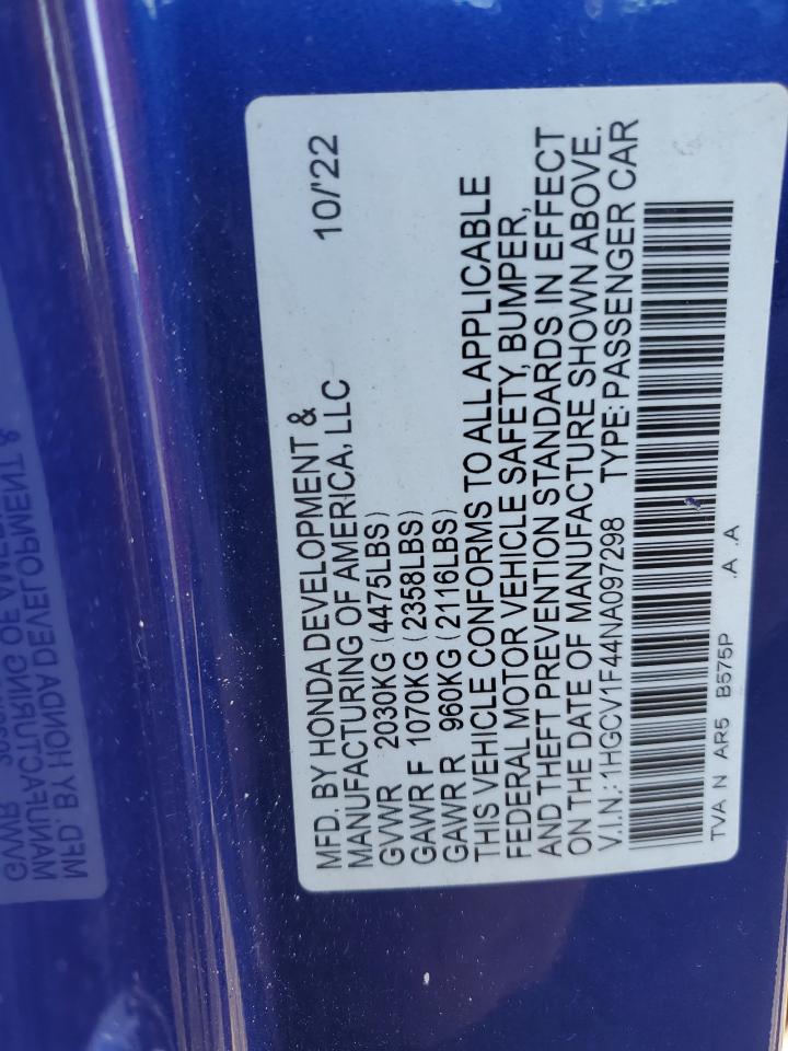 2022 Honda Accord Sport Se VIN: 1HGCV1F44NA097298 Lot: 84586515