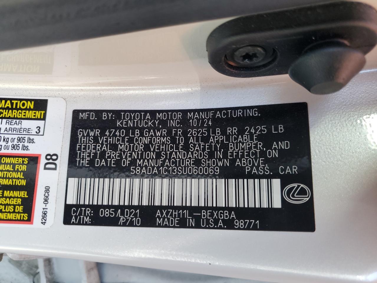 2025 Lexus Es 300H Base VIN: 58ADA1C13SU060069 Lot: 85749395