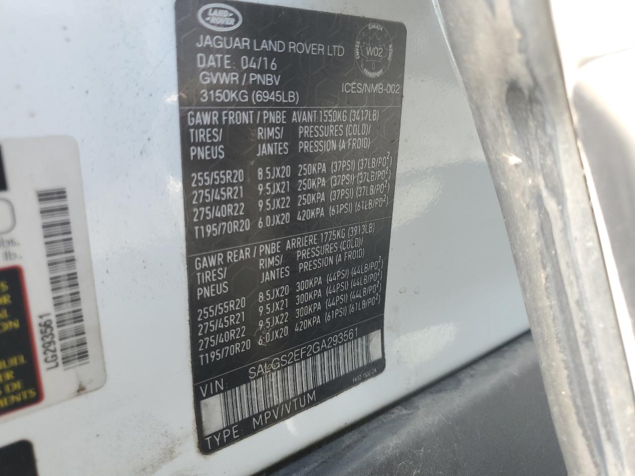 2016 Land Rover Range Rover Supercharged VIN: SALGS2EF2GA293561 Lot: 85472165