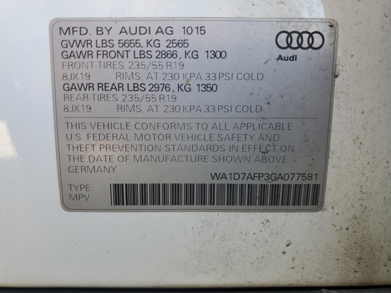 2016 Audi Q5 Premium Plus S-Line VIN: WA1D7AFP3GA077581 Lot: 81108085