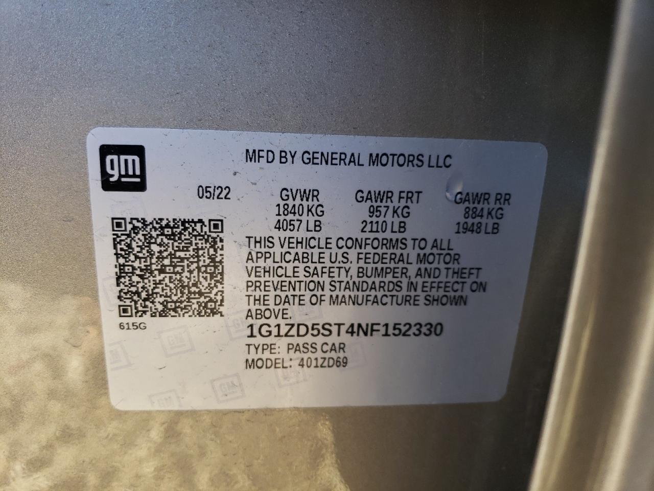 2022 Chevrolet Malibu Lt VIN: 1G1ZD5ST4NF152330 Lot: 90393345