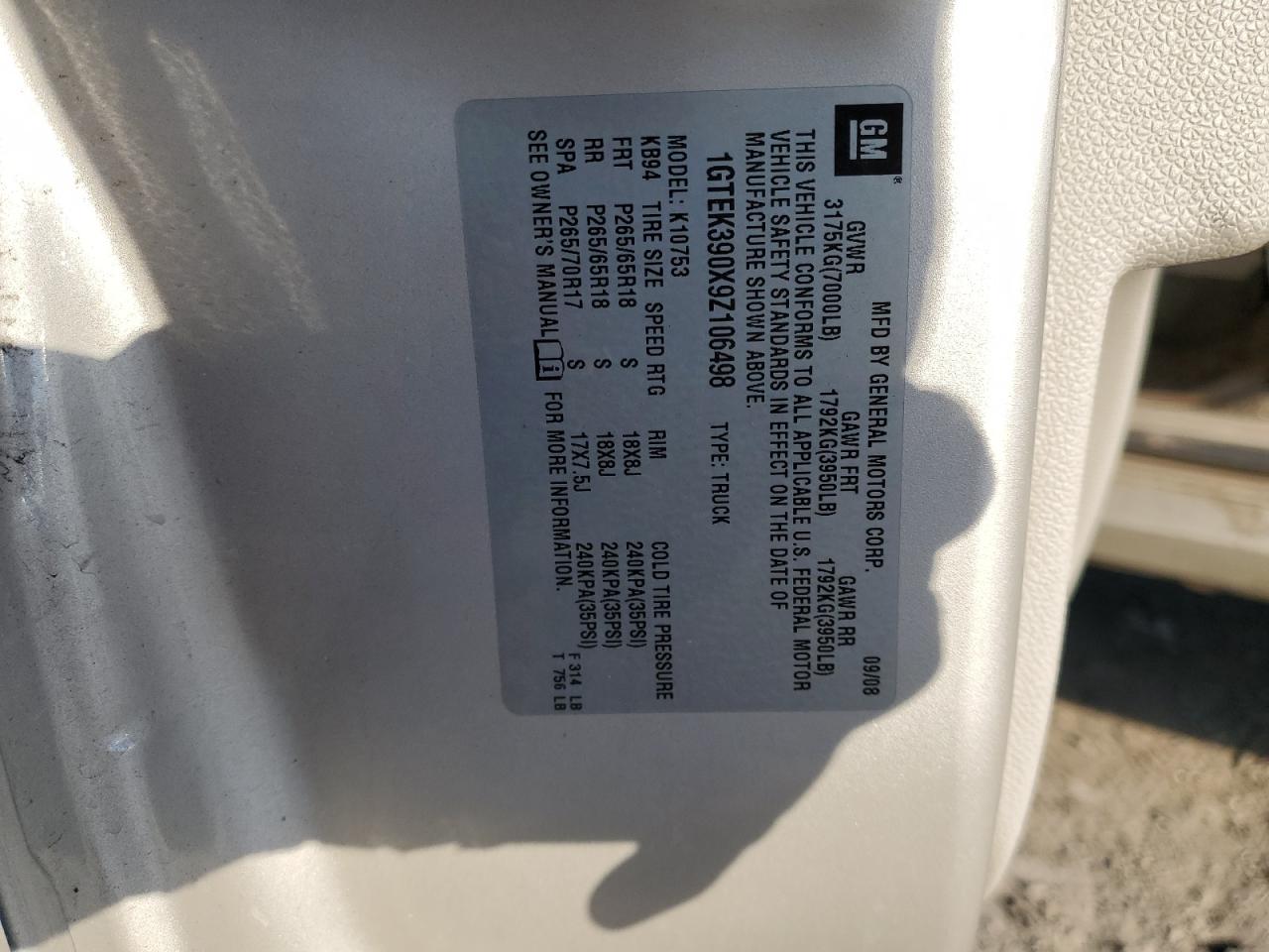 2009 GMC Sierra K1500 Slt VIN: 1GTEK390X9Z106498 Lot: 82180205