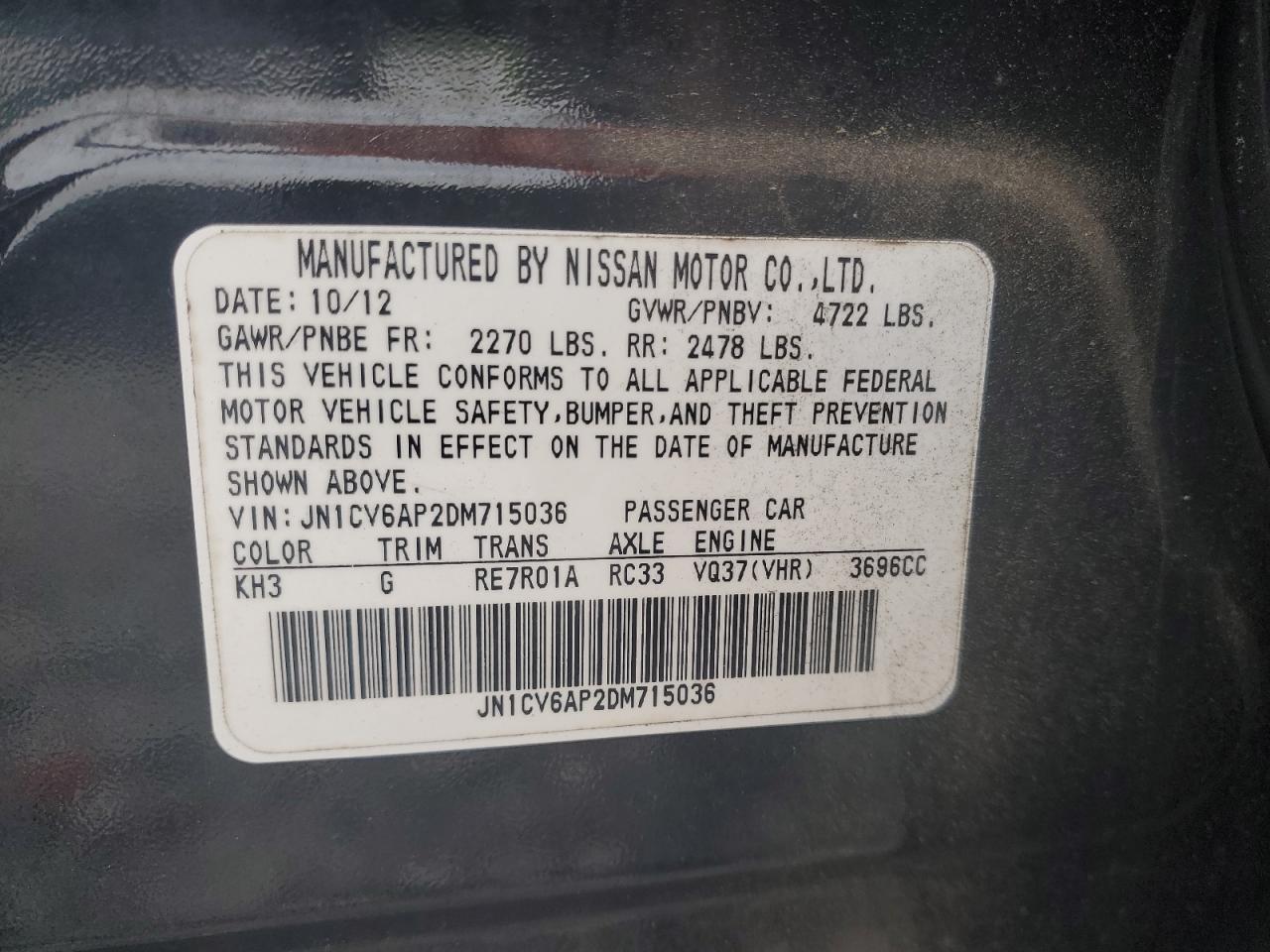 2013 Infiniti G37 Base VIN: JN1CV6AP2DM715036 Lot: 85202335