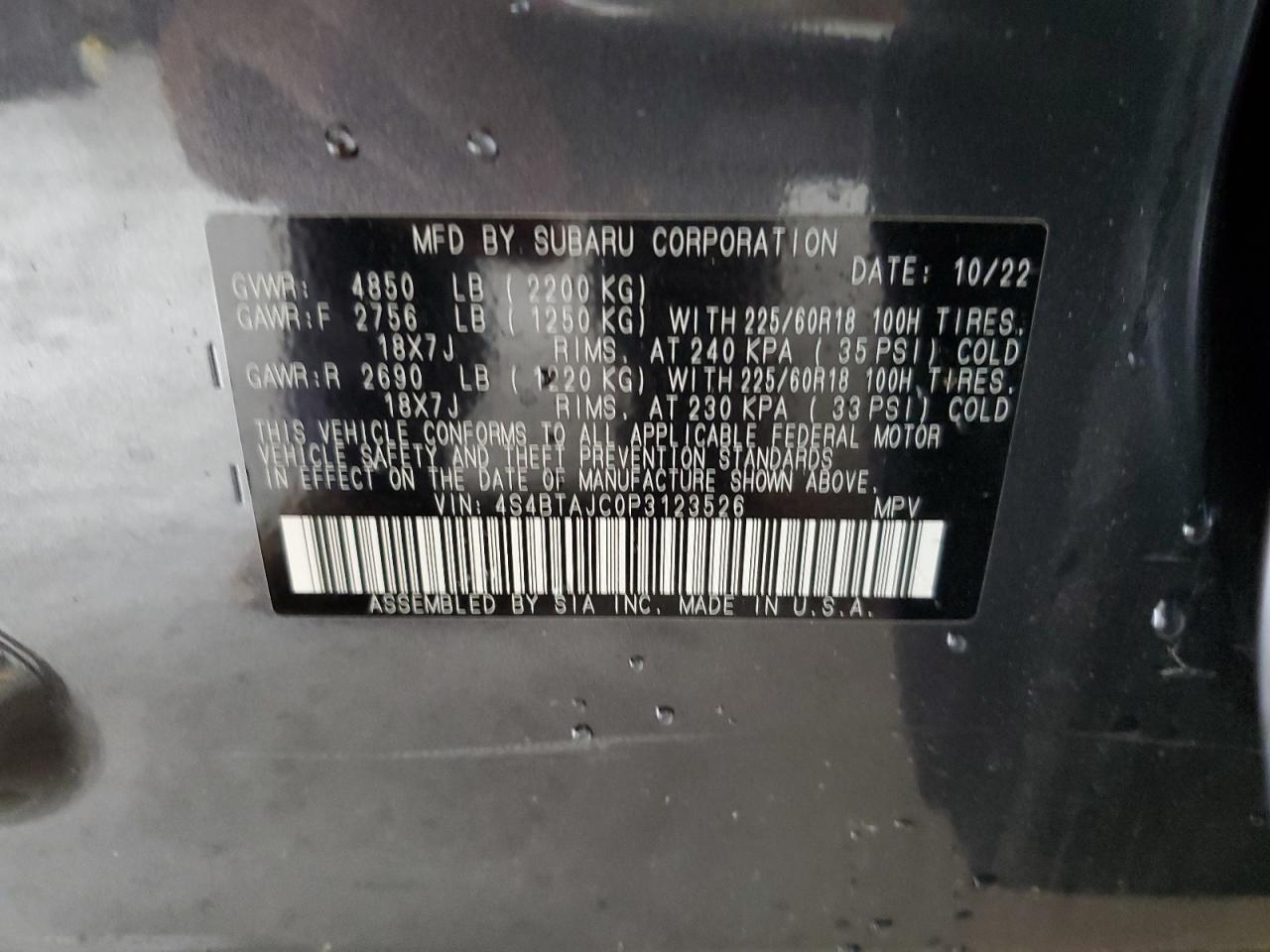 2023 Subaru Outback Onyx Edition VIN: 4S4BTAJC0P3123526 Lot: 85288955