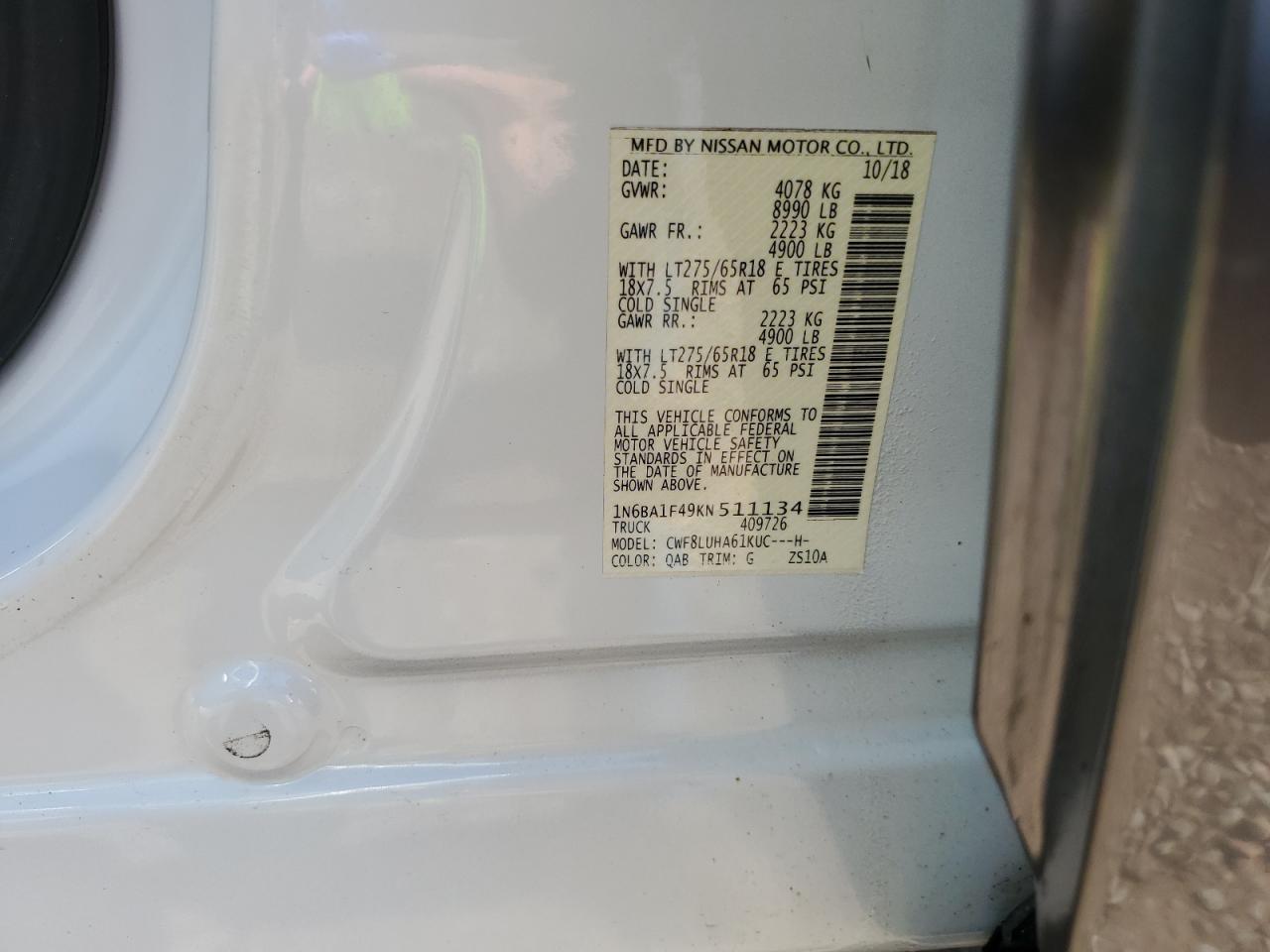 2019 Nissan Titan Xd Sl VIN: 1N6BA1F49KN511134 Lot: 85904355