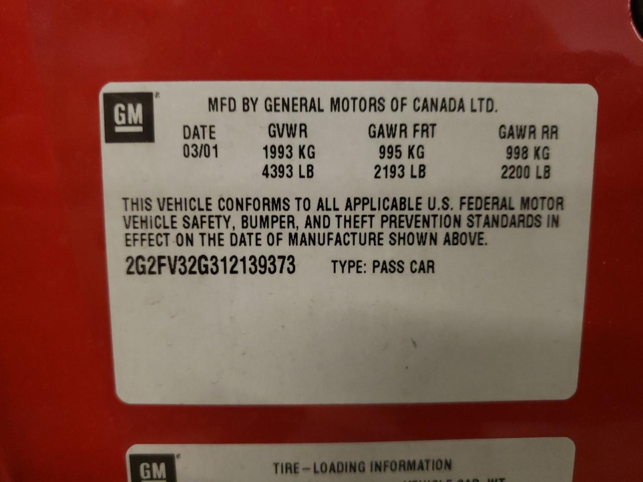 2001 Pontiac Firebird Trans Am VIN: 2G2FV32G312139373 Lot: 81950535