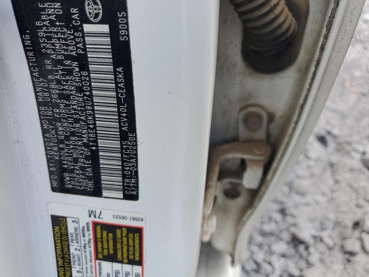 2008 Toyota Camry Ce VIN: 4T1BE46K98U740026 Lot: 84961485