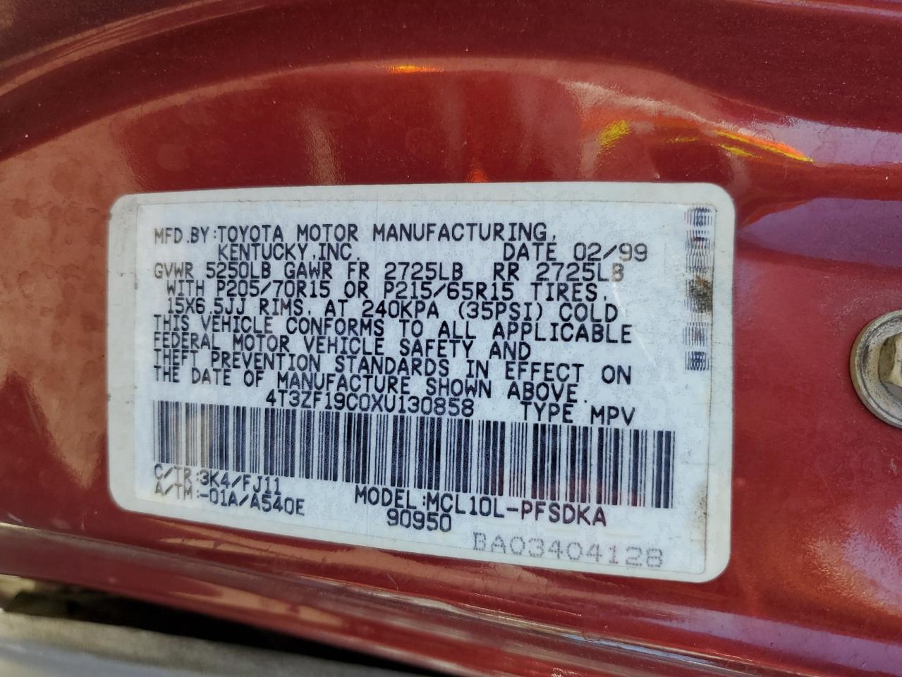 1999 Toyota Sienna VIN: 4T3ZF19C0XU130858 Lot: 82680385