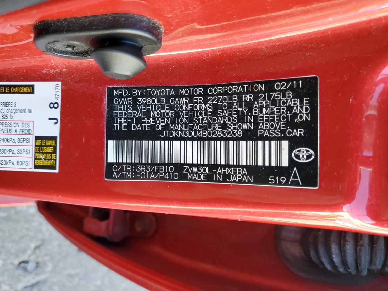 2011 Toyota Prius VIN: JTDKN3DU4B0283238 Lot: 85654245