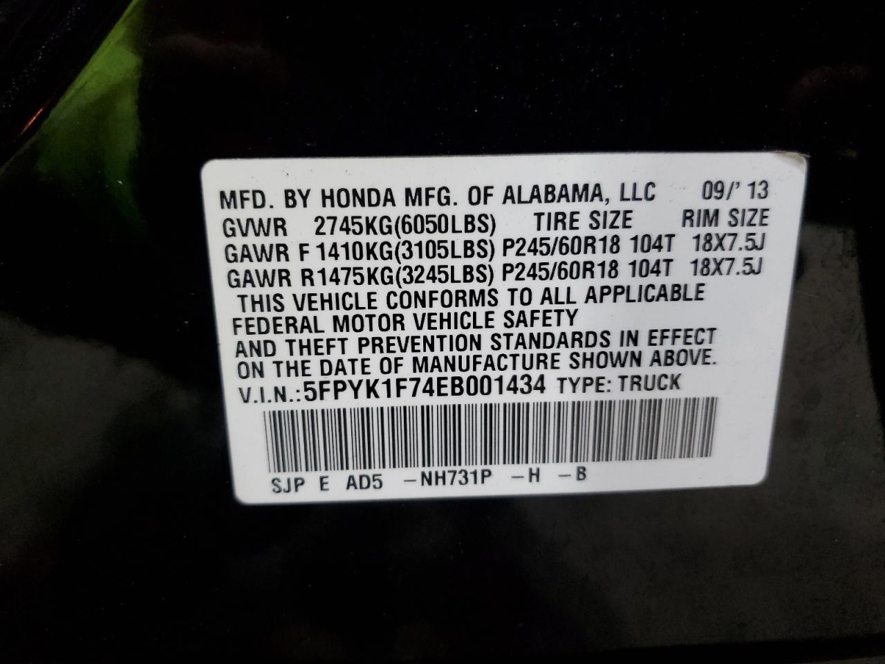 2014 Honda Ridgeline Sport VIN: 5FPYK1F74EB001434 Lot: 85176255