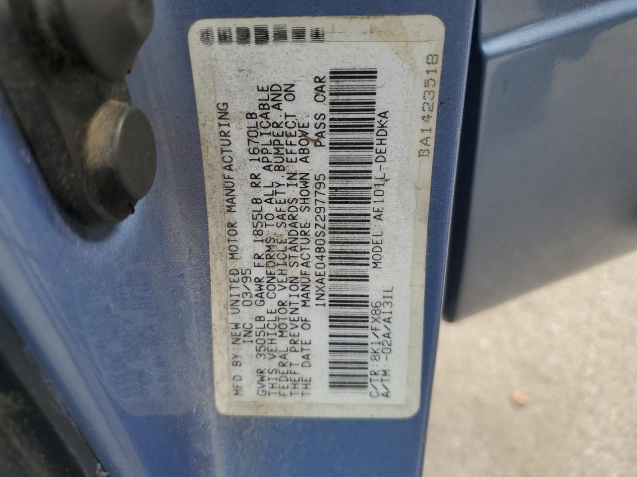 1995 Toyota Corolla VIN: 1NXAE04B0SZ297795 Lot: 85156155