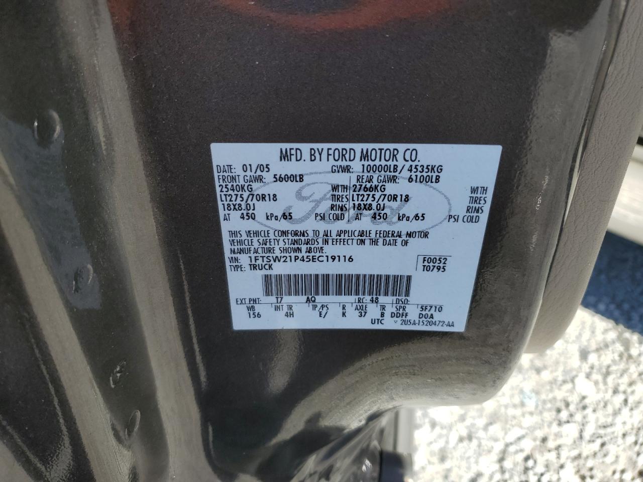 2005 Ford F250 Super Duty VIN: 1FTSW21P45EC19116 Lot: 82305015