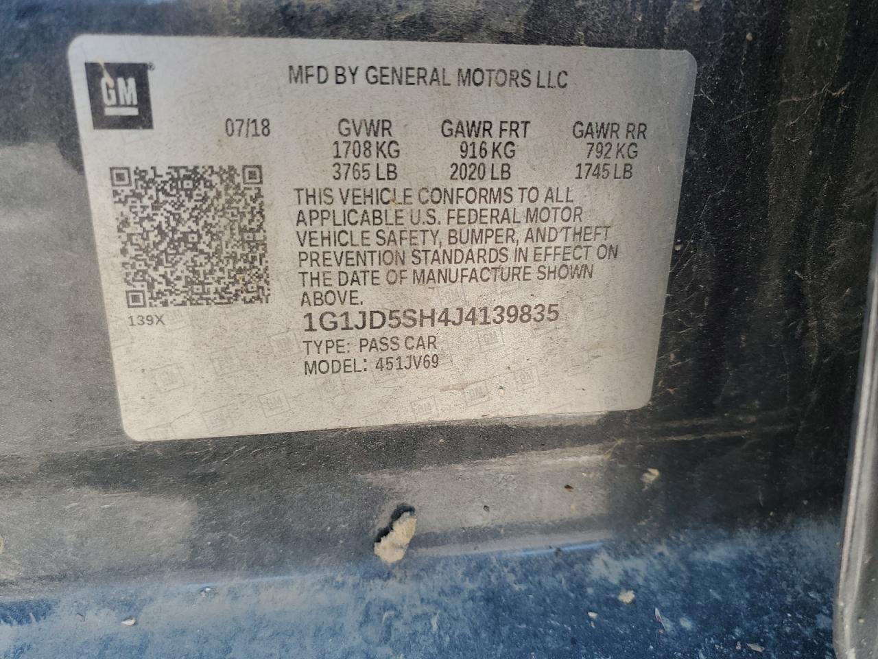 2018 Chevrolet Sonic Lt VIN: 1G1JD5SH4J4139835 Lot: 84706765