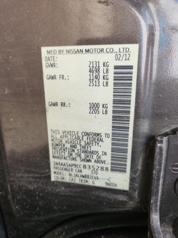 2012 Nissan Maxima S VIN: 1N4AA5AP9CC835288 Lot: 85738905