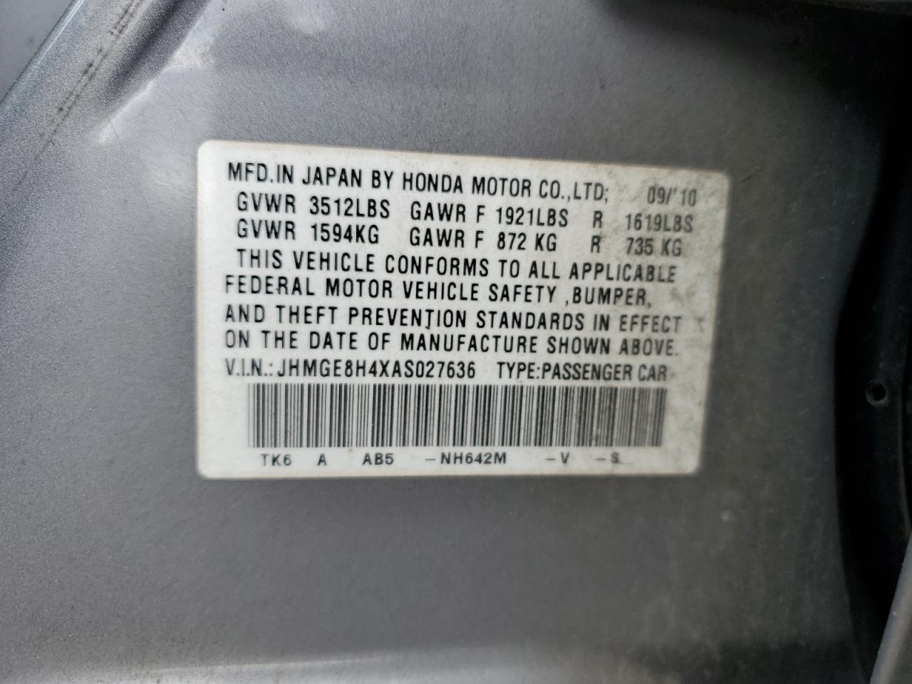 2010 Honda Fit Sport VIN: JHMGE8H4XAS027636 Lot: 86276625