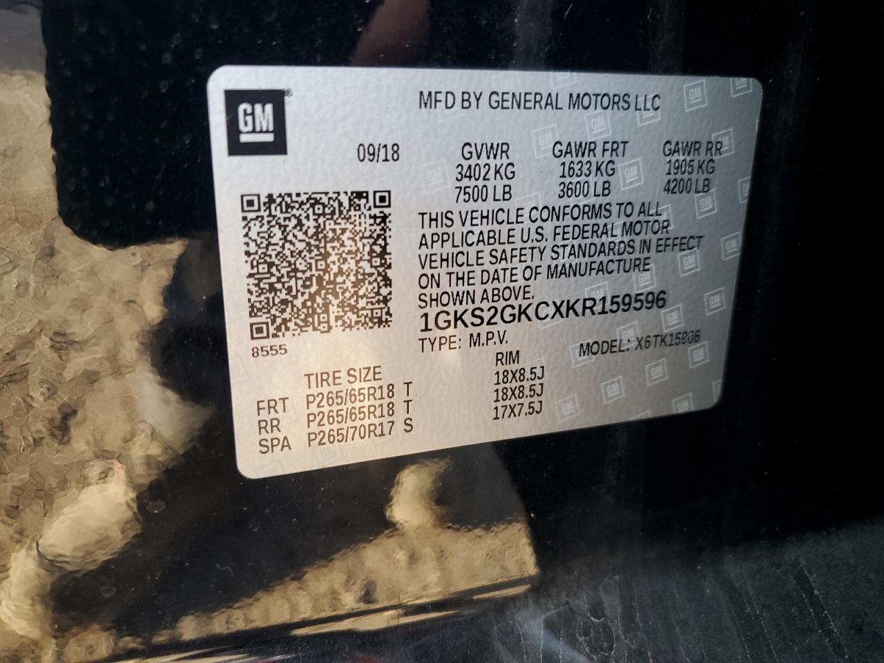 2019 GMC Yukon Xl K1500 Slt VIN: 1GKS2GKCXKR159596 Lot: 82074385