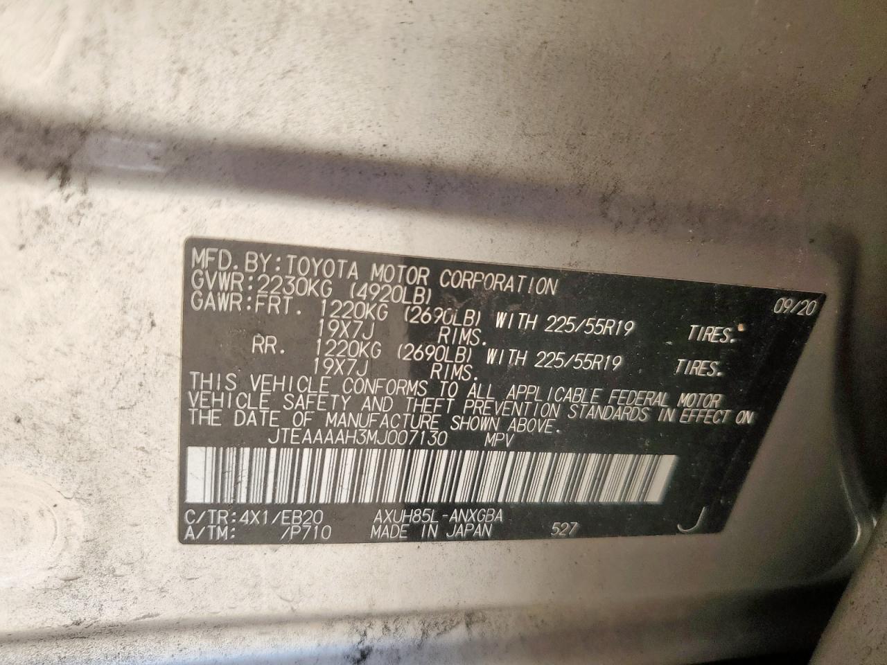 2021 Toyota Venza Le VIN: JTEAAAAH3MJ007130 Lot: 86607185